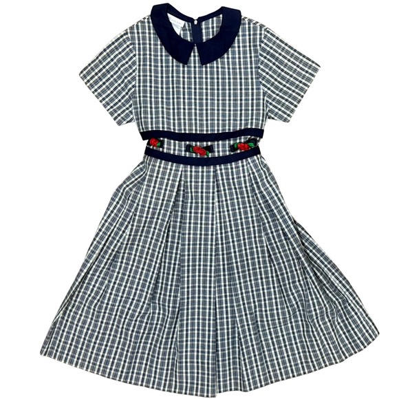VTG 90s Bonnie Jean Navy White Plaid Dress Peter Pan Collar Rose Waist Size 10